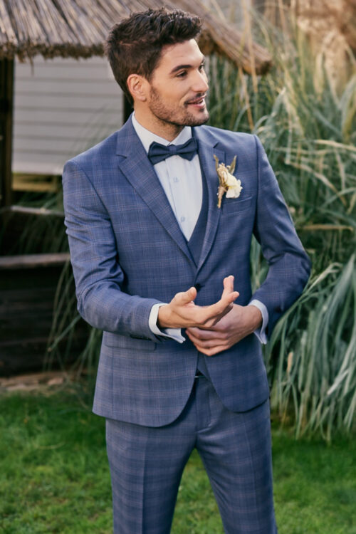 Manzetti slim fit kék kockás esküvői öltöny 9440-14