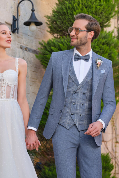 Manzetti slim fit kék esküvői öltöny 5003-14