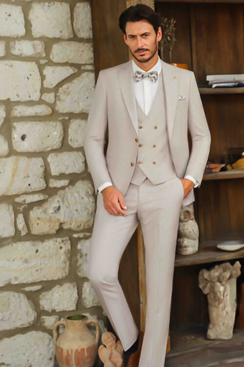 Manzetti slim fit bézs esküvői öltöny 5007-17